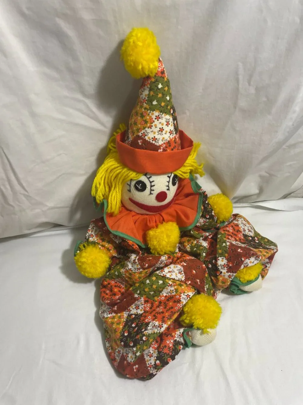 Vintage Handmade Rag Doll Clown Plush Stuffed Toy Yellow Yarn Hair Patchwork 20